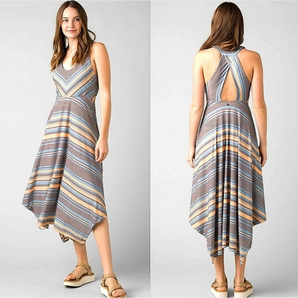 Prana Striped Halter Handkerchief Hem Dress in Blue, Tan, Cream